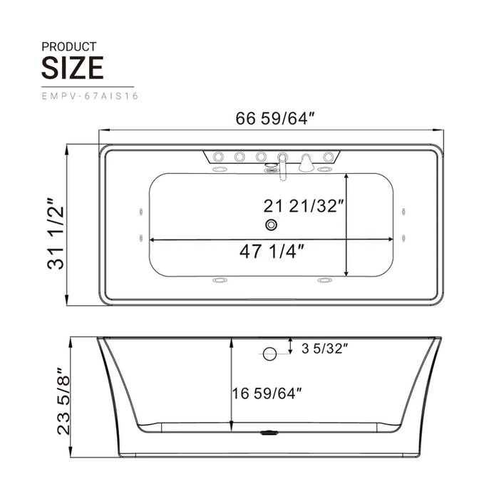 Empava 67 in. Whirlpool Freestanding Acrylic Bathtub