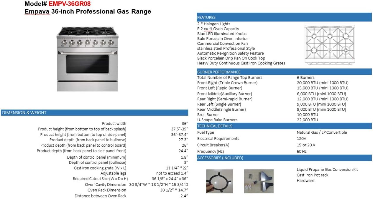 Empava 36 In. Pro-Style Slide-In Single Oven Gas Range