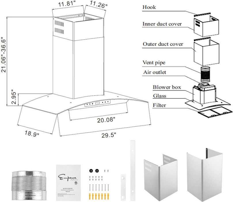 Empava 30 in. 400 CFM Wall Mount Ducted Range Hood