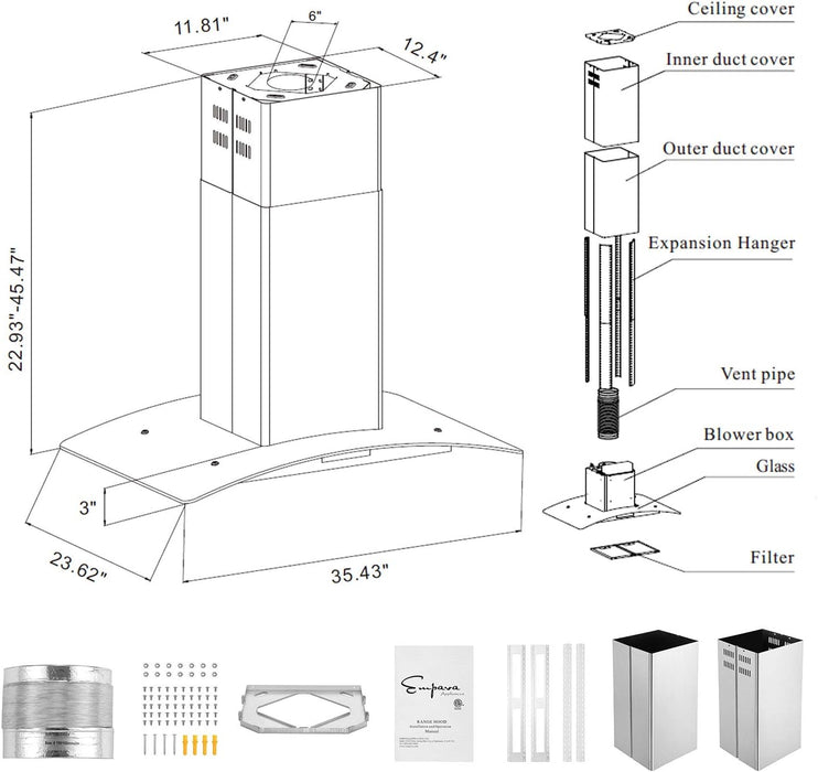 Empava 36 in. Kitchen 400 CFM Island Wall Mount Ducted Range Hood