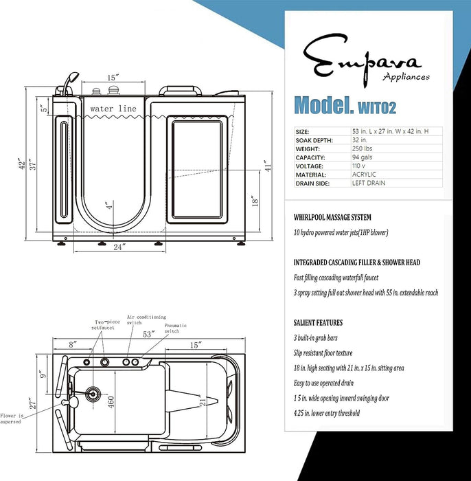 Empava 53 in. Walk-in Whirlpool Bathtub