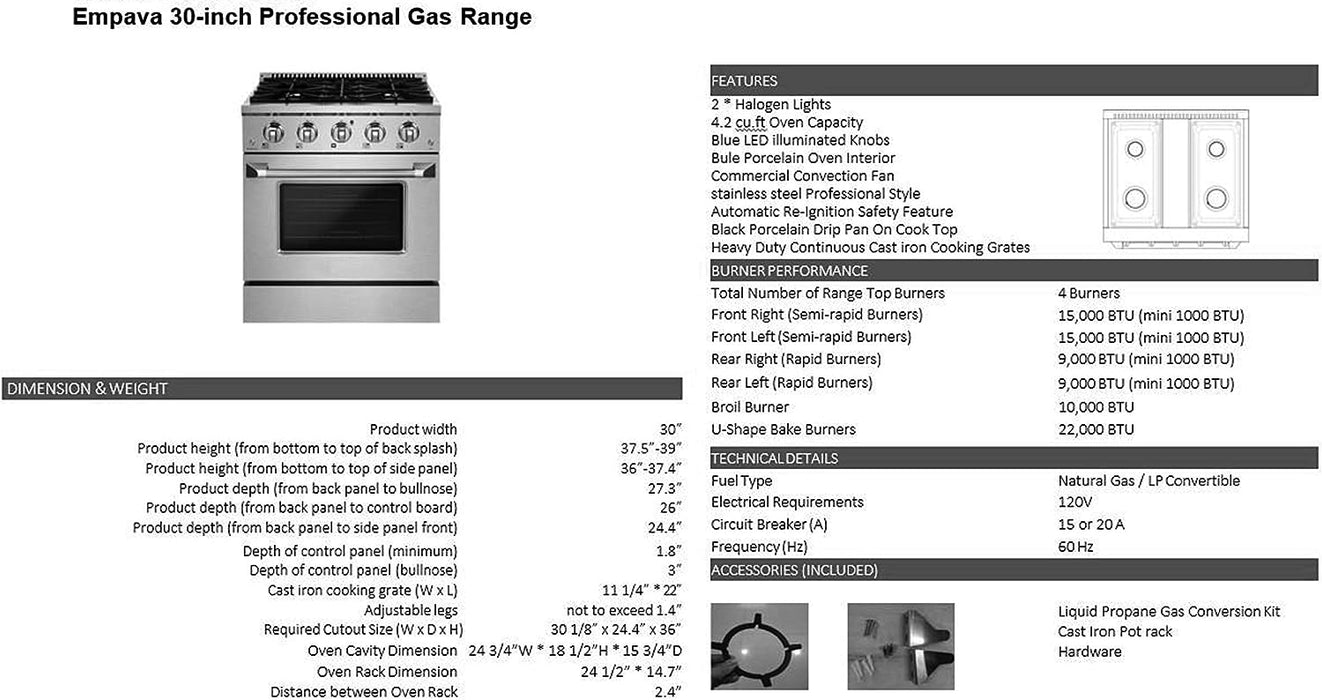 Empava 30 in. Pro-Style Slide-In Single Oven Gas Range