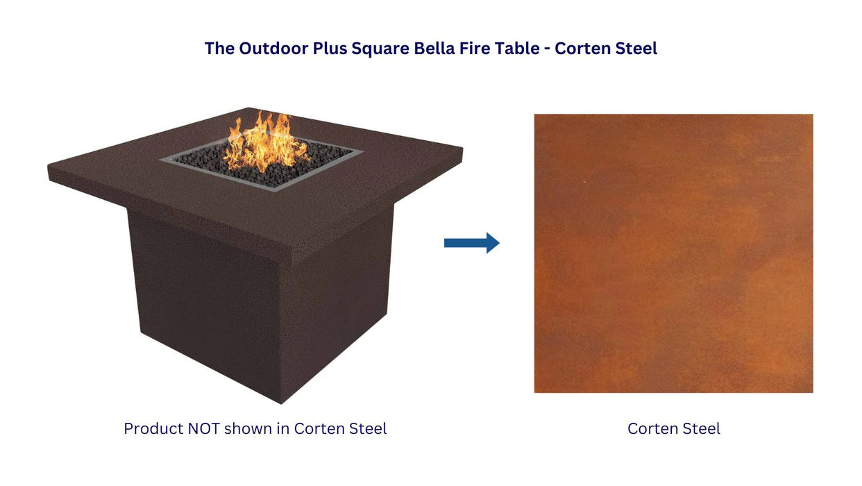 The Outdoor Plus Square Bella Fire Table Corten Steel