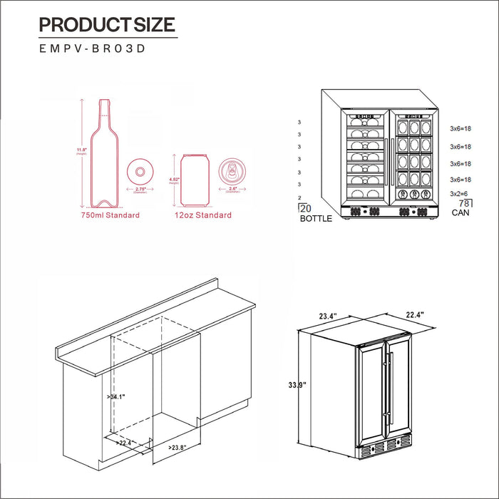 Empava 24" Dual Zone Wine Cooler & Beverage Fridge