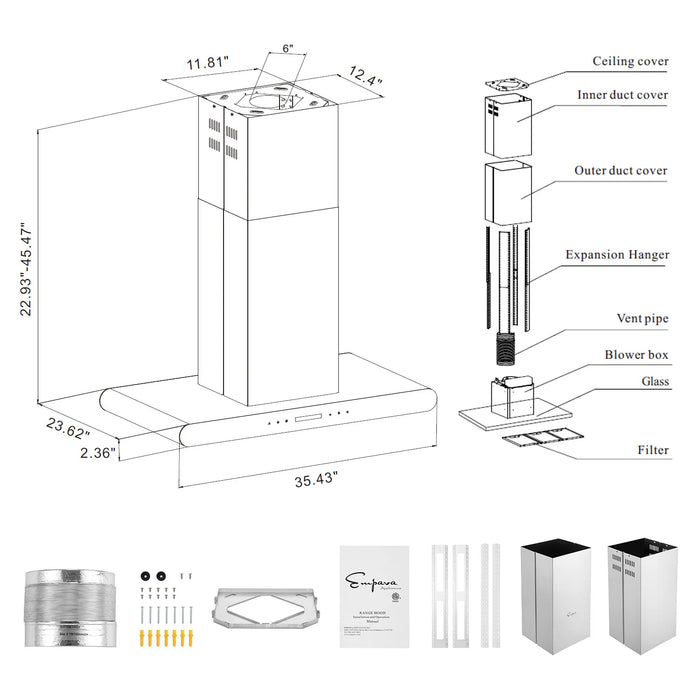 Empava 36 in. 400 CFM Island Wall Mount Ducted Range Hood