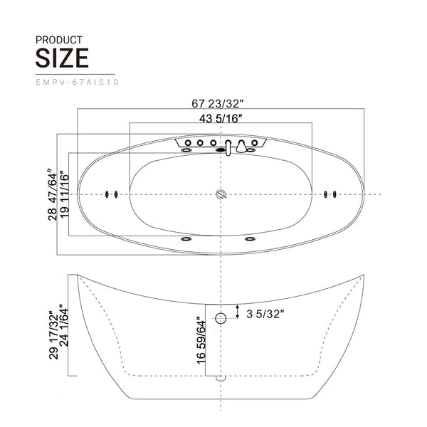 Empava 67 in. Whirlpool Freestanding Acrylic Bathtub