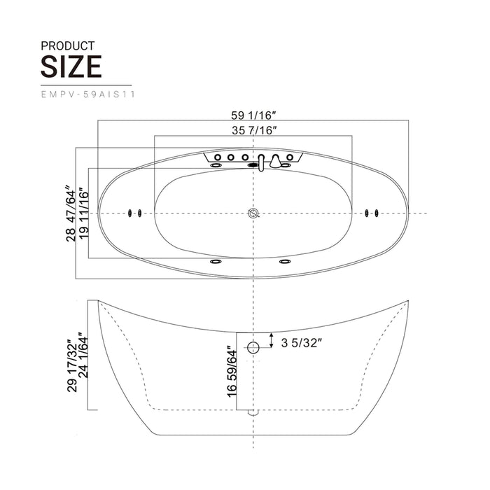 Empava 59 in. Whirlpool Freestanding Acrylic Bathtub