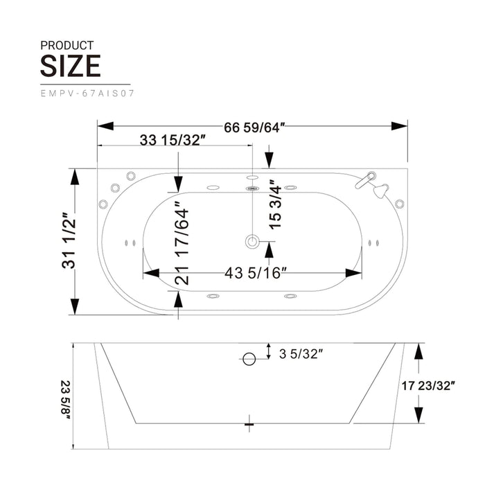 Empava 67 in. Whirlpool Freestanding Acrylic Bathtub