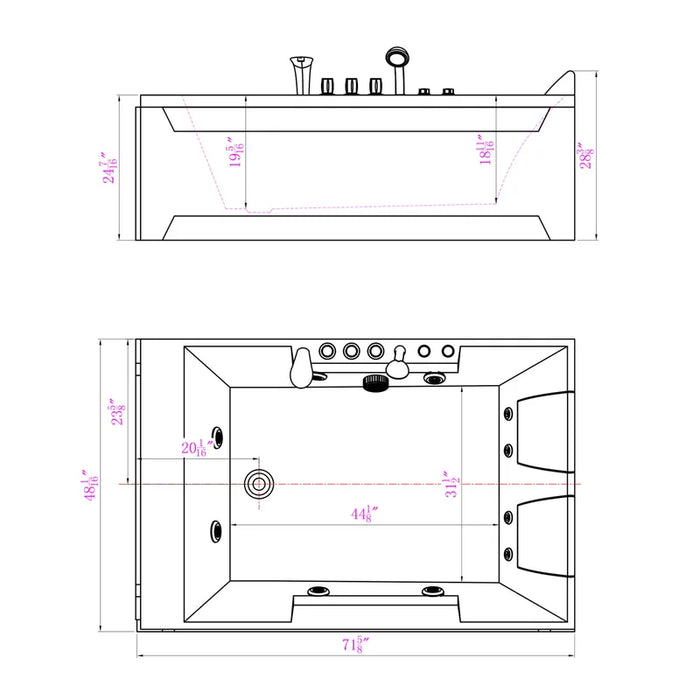 Empava 72 in. Whirlpool Rectangular Bathtub