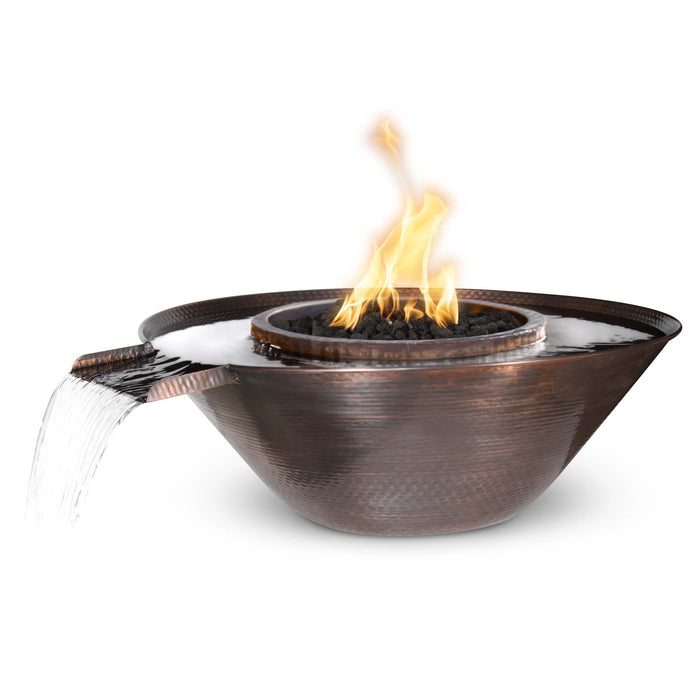 The Outdoor Plus 31" Round Remi Fire & Water Bowl Gravity Spill - Hammered Patina Copper